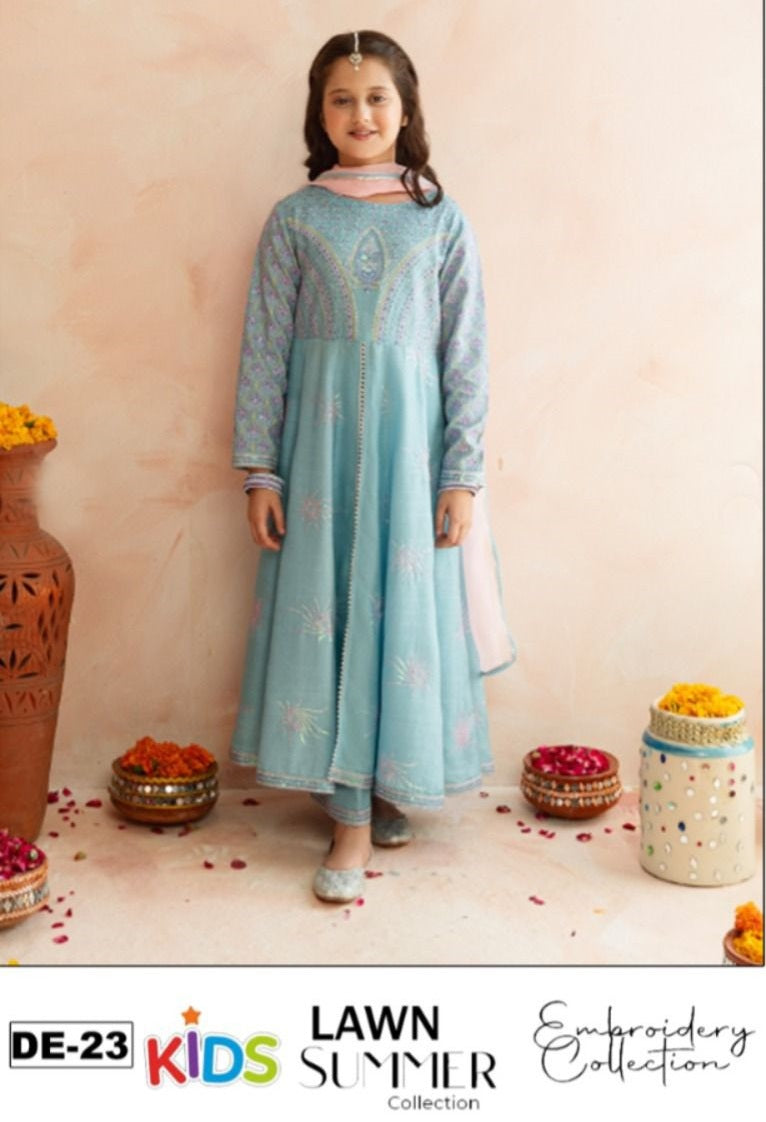Kids 3PC Embroidered Summer Dress With Net Dupatta - Unstitched - DE-23
