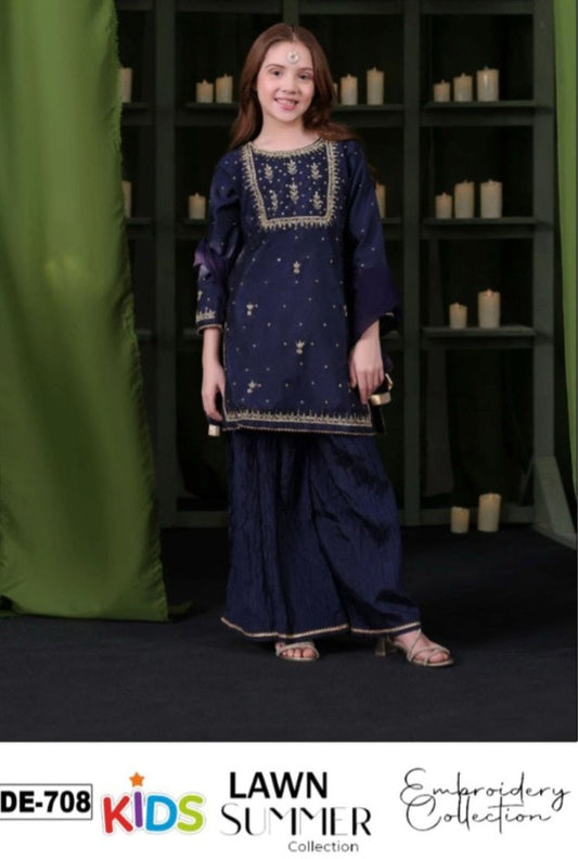 Kids 3PC Embroidered Summer Dress With Net Dupatta - Unstitched - DE-708