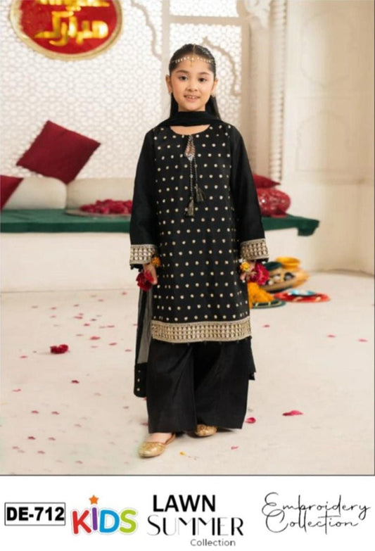 Kids 3PC Embroidered Summer Dress With Net Dupatta - Unstitched - DE-712c